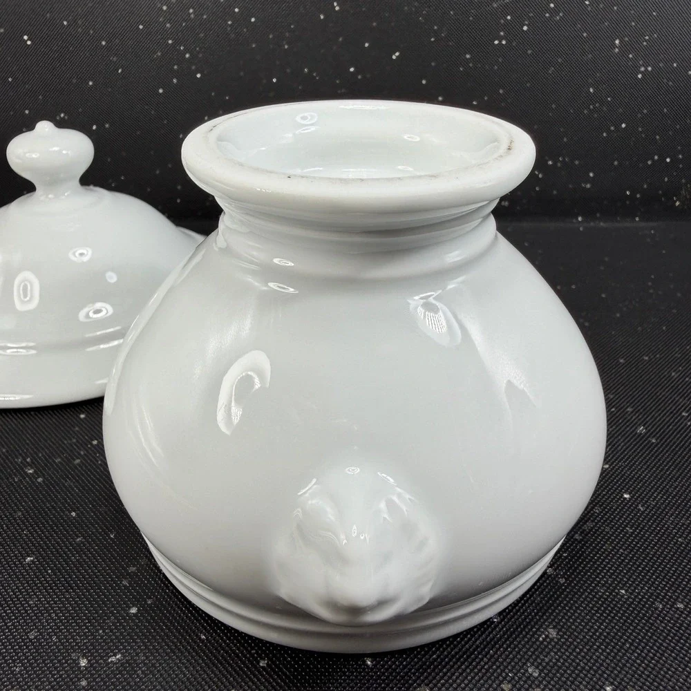 Apilco France White Porcelain Lion Head Dish w Lid Footed Bowl Container Jar
